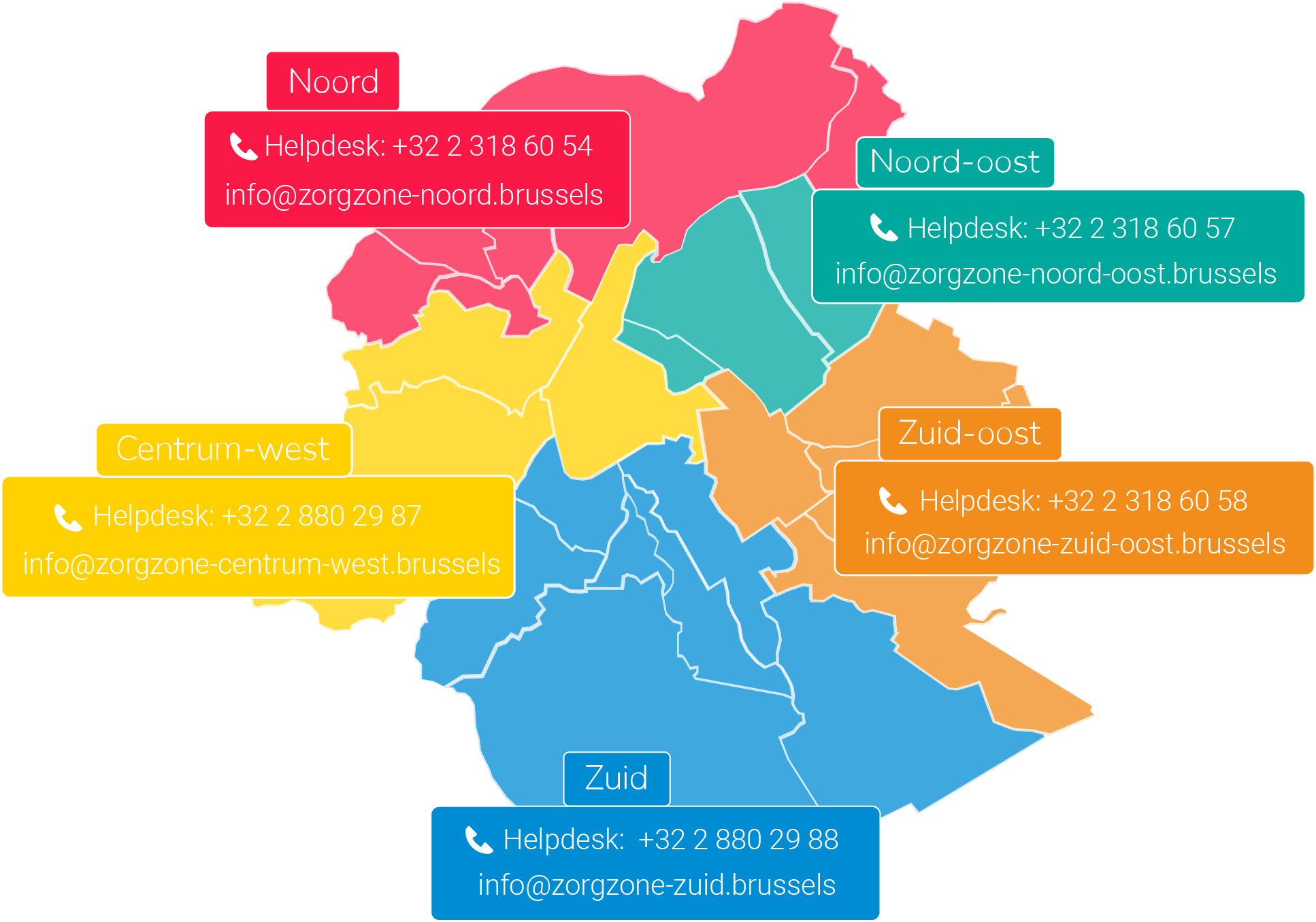 Hoe kan ik contact opnemen met de teams in de 5 zorgzones ?